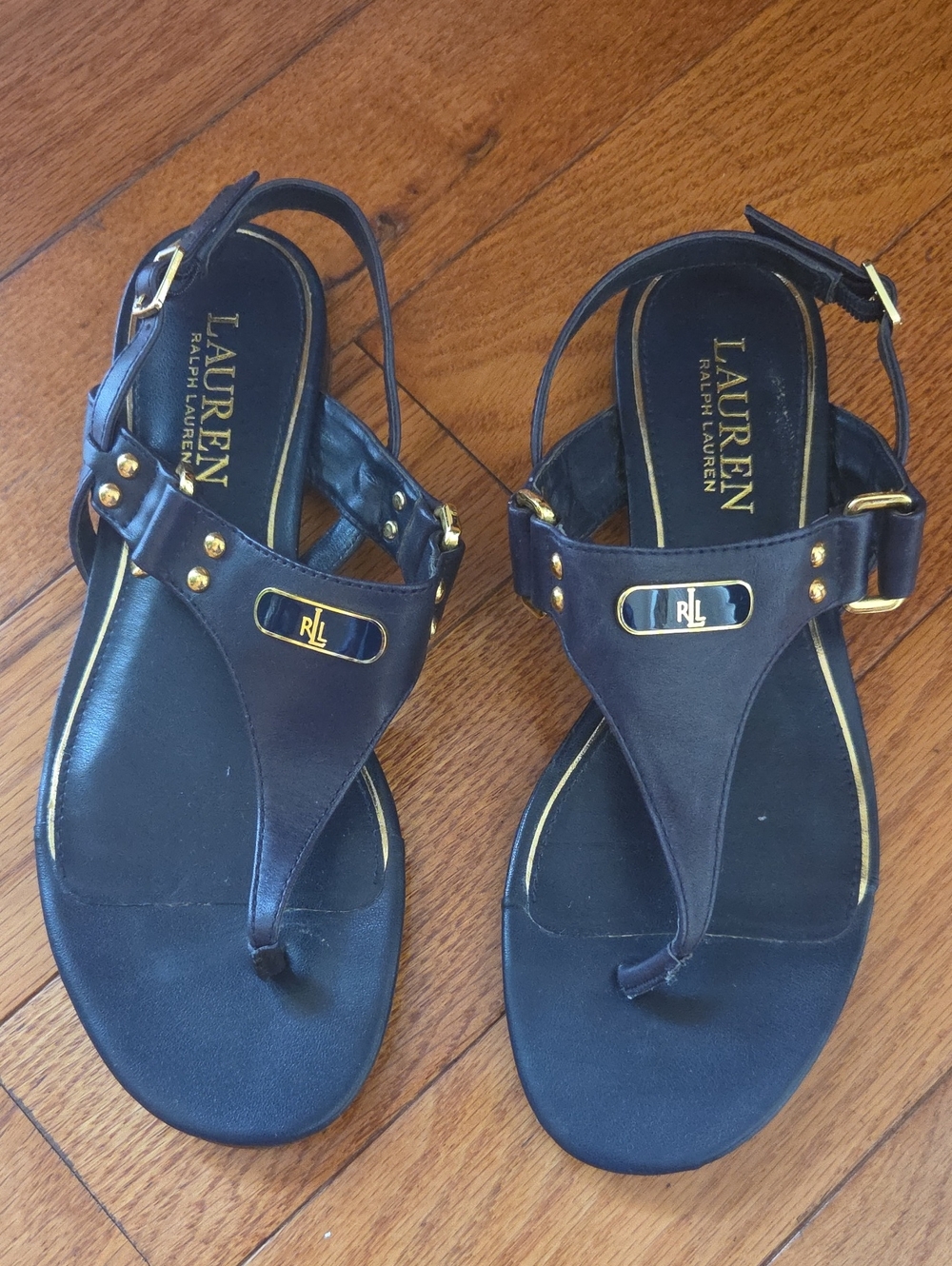 Lauren Ralph Lauren Black Leather T-Strap Sandals with Gold Accents